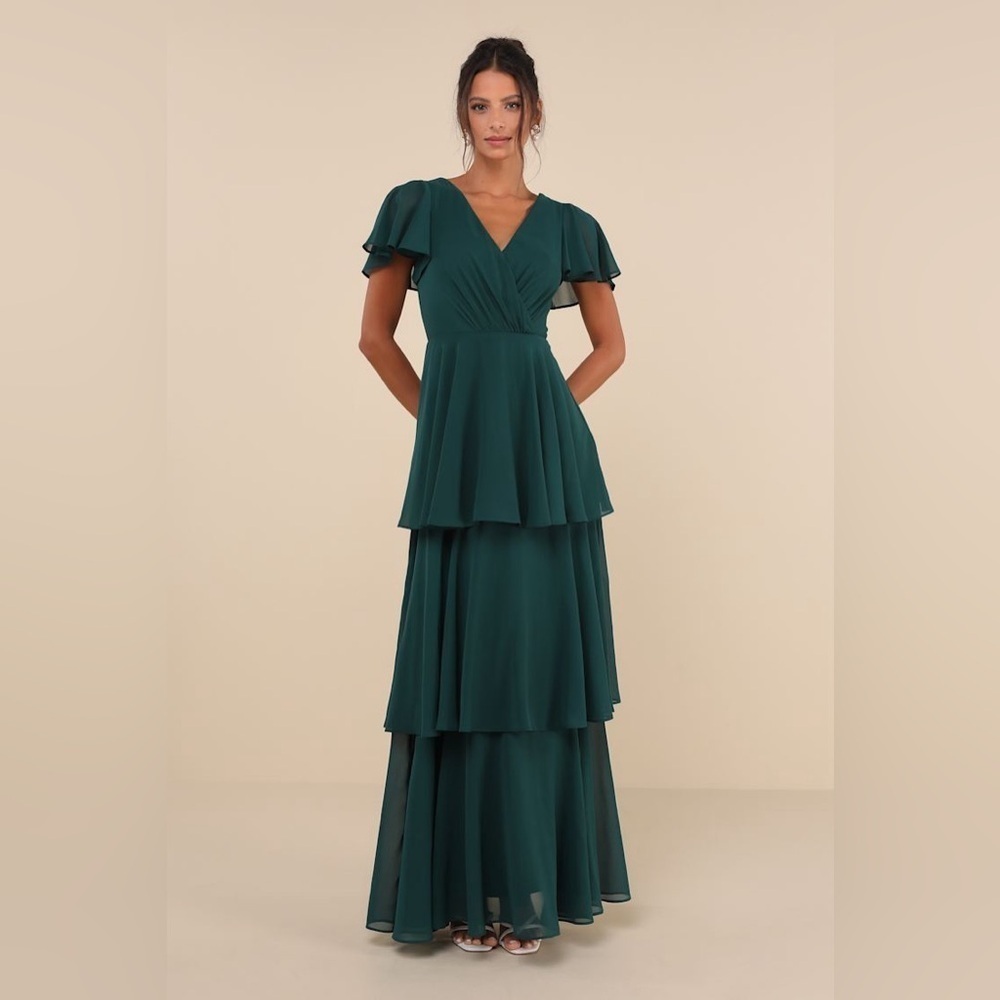 LULU’S Sincerely Exquisite Emerald Green Short Sleeve Tiered Maxi Dress - Picture 2 of 5